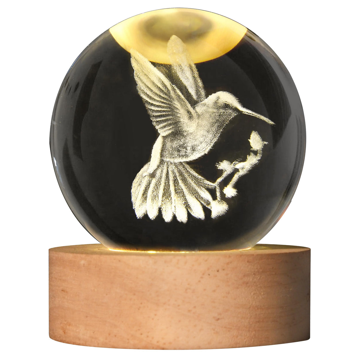 AOFEGRLT 3D Laser Engraved Bird Crystal Ball with LED Stand, 60mm Hummingbird Figurine Lamp Night Light, Glass Hummingbird Globe Paperweight Gift