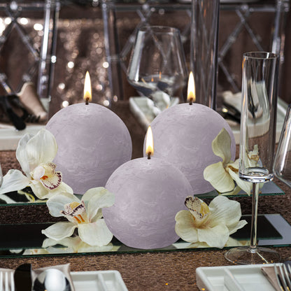 BOLSIUS 3 Pack Frosted Lavender Rustic Ball Pillar Candles - 3 Inch - Premium European Quality - Includes Natural Plant-Based Wax - Unscented Dripless Smokeless 25 Hour Party Décor Candles