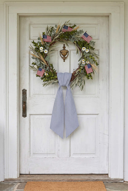 Kutyndrix Blue and White Striped Wreath Sash 2 Pack for Front Door, 5.12" x 54.33" Each Summer Nautical Holiday Door Ribbon Decorations Set