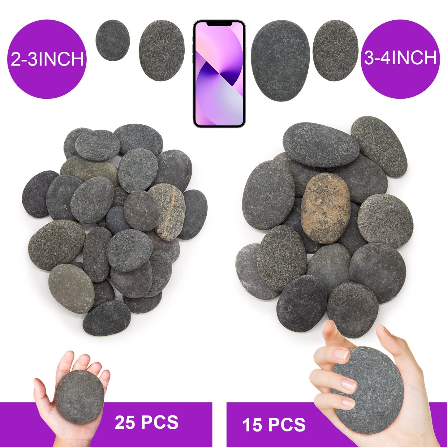 Markdang 40 Pcs Large Rocks for Painting 25pcs 2-3” & 15pcs 3-4” River Rocks for Painting Natural Flat & Smooth Rocks for Painting for Kids & Adult Craft Gift