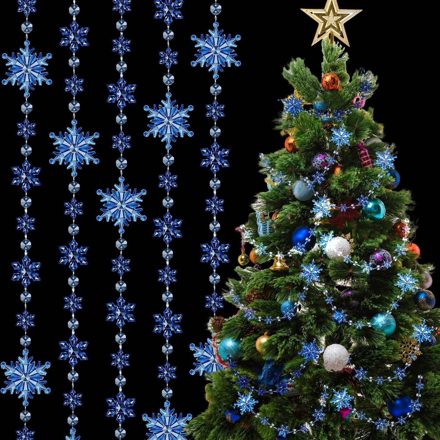 Lewtemi 32.8 Feet Acrylic Snowflake Garland Christmas Ornament Hanging Snow Flake Streamers for Winter Birthday Party Decorations Supplies Xmas Tree (Blue)