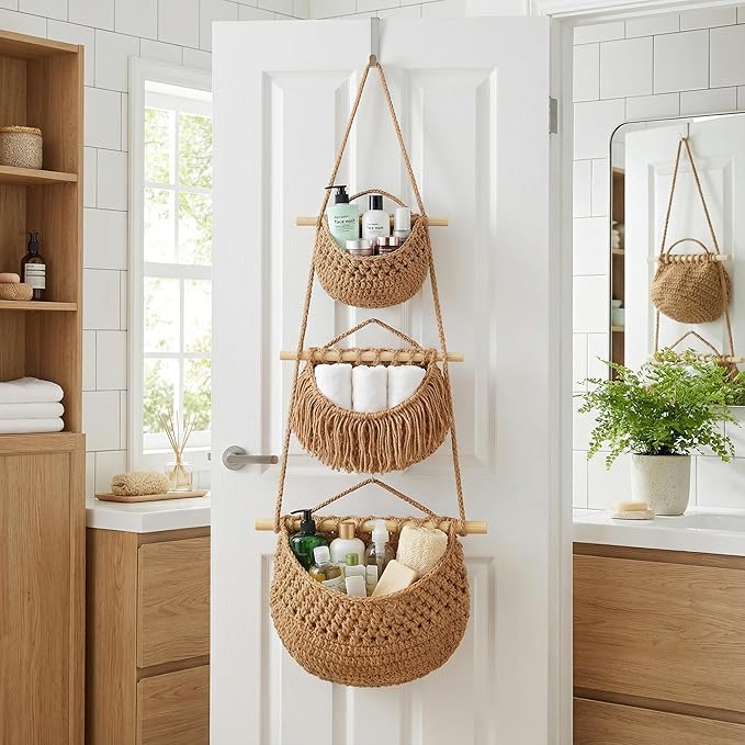 3 Tier Hanging Fruit Basket, Jute Wall Baskets Removable, Portable Produce