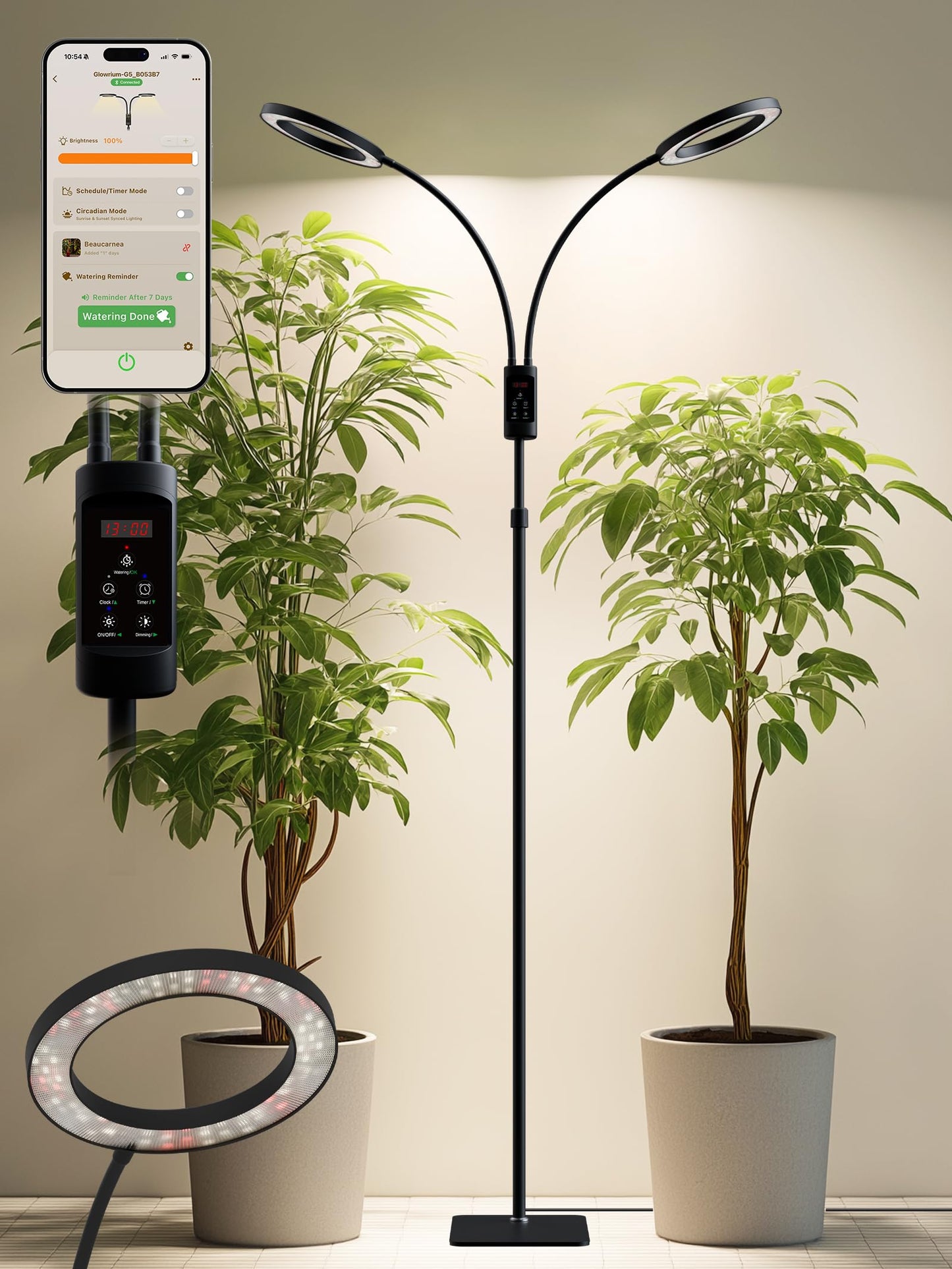 Smart Grow Lights for Indoor Plants, 48W Plant Light with Auto-Timer, Full Spectrum LED Grow Light, Adjustable Height & Stepless Dimming,Plant Assistant Suitable for Most Plants (Black (Dual Heads))