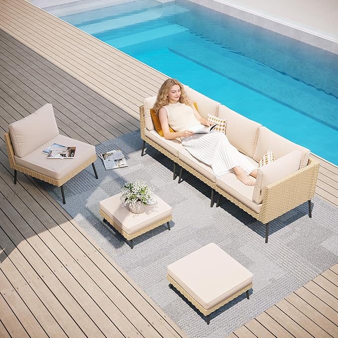 Aoxun 6-Piece Patio Furniture Set, Wicker Outdoor Furniture