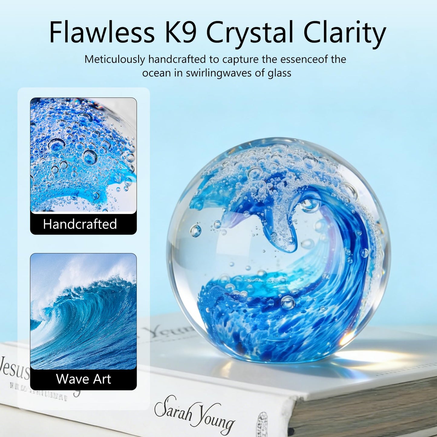 XLSJGYP Crystal Ball Blown sea Glass Art Ornament Collectible Paperweight Figurines Spere Statues for Home Office Decor a Gift for Ocean Lovers Perfect for Men Women (Sky Blue-Crystal Ball)