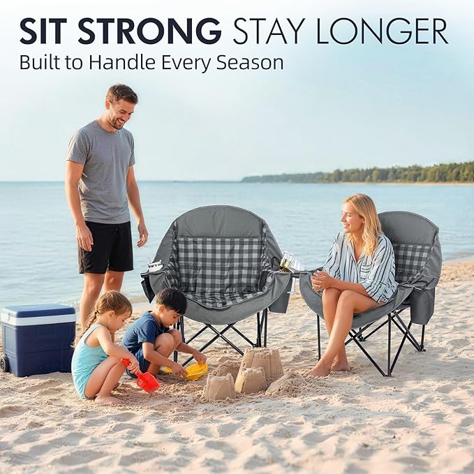 Oversized Camping Chair for Adults - Heavy Duty Outdoor Padded Large Lawn Camp Chair with Cup Holder Cooler Pockets for Sports Beach Fishing Garden Portable Supports 500lbs, Grey 2 Pack