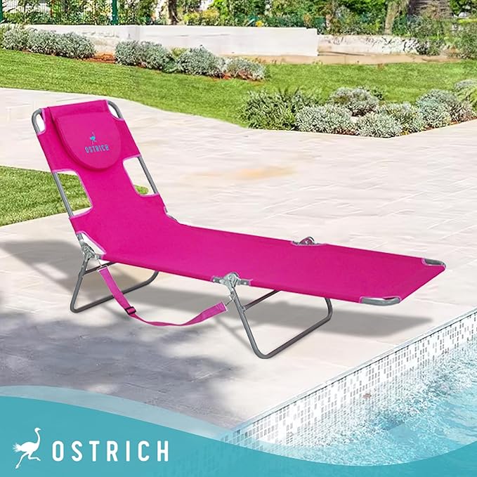 Ostrich Beach Lounge Chair, Folding & Reclining Outdoor Chaise Lounger, Pink - Portable Adjustable Recliner Chair for Lawn, Pool, Patio, Garden, and Yard