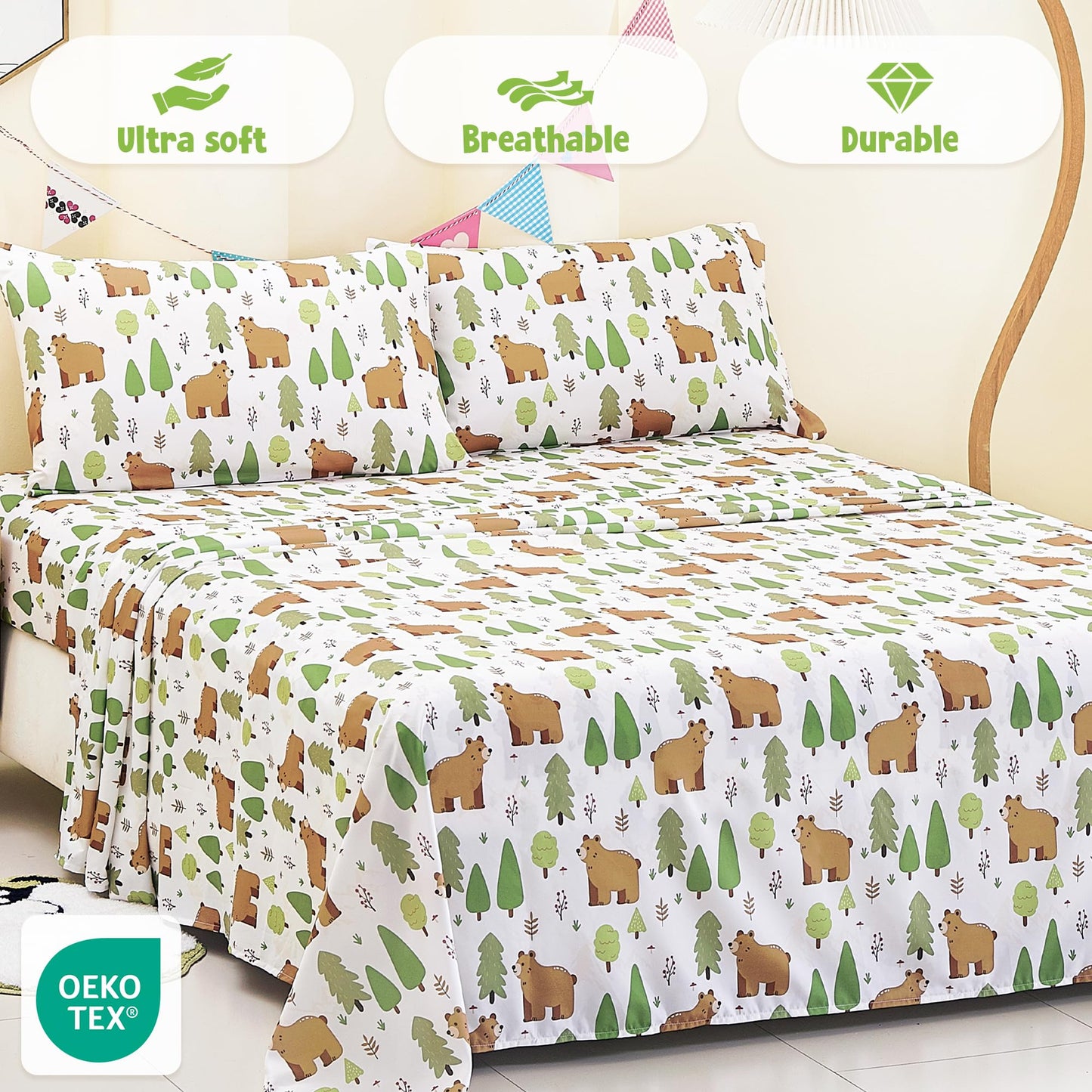 CozySmile Full Sheet Set Kids,4 Pieces Breathable Soft Microfiber Bedsheets for Child Boys, Oeko-TEX, Anti Pilling Deep Pockets Easy Care Bed Sheets, Forest Bear
