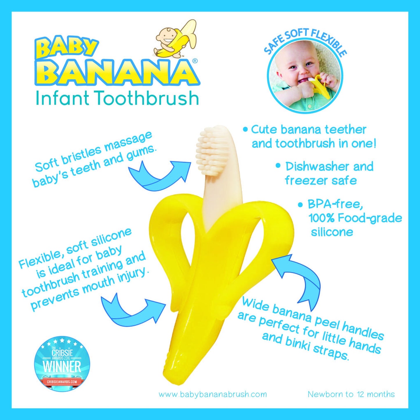 The Original Baby Banana Toothbrush Teether Toy, for Babies Infants Toddlers; USA Family-Owned Business; Teething Relief for Sore Gums, Massaging Soothing; Safest Food Grade Silicone