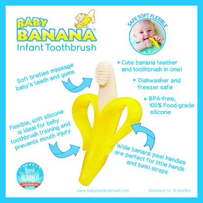 The Original Baby Banana Toothbrush Teether Toy, for Babies Infants Toddlers; USA Family-Owned Business; Teething Relief for Sore Gums, Massaging Soothing; Safest Food Grade Silicone