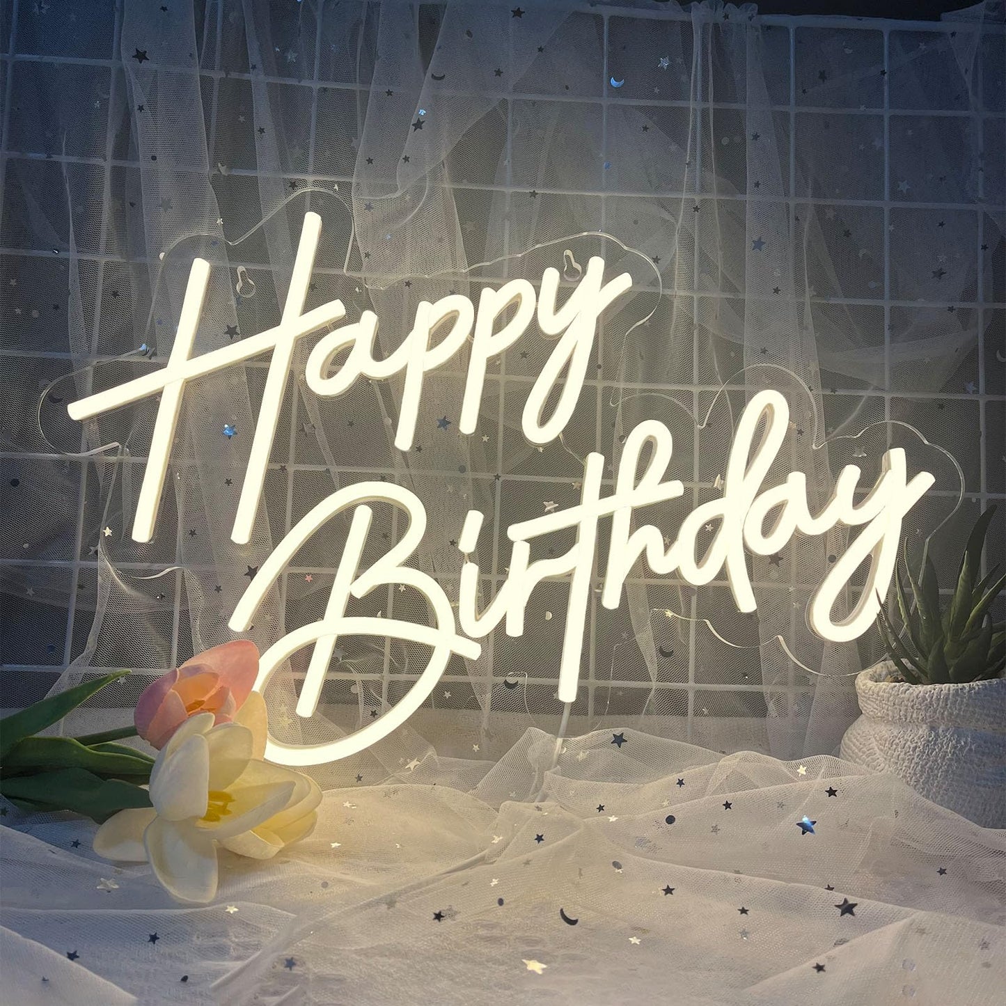 Happy Birthday Neon Sign for Wall Decor, Warm White LED Neon Light Signs, Art Decoration Happy Birthday Neon Light Sign for All Birthday Party Decoration with 2 Pcs Pasters (17×12 Inch)