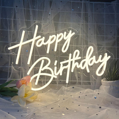 Happy Birthday Neon Sign for Wall Decor, Warm White LED Neon Light Signs, Art Decoration Happy Birthday Neon Light Sign for All Birthday Party Decoration with 2 Pcs Pasters (17×12 Inch)