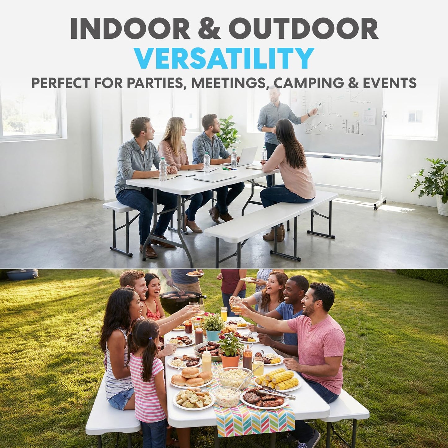 SIMPLI-Magic 6 Ft Folding Table with 2 Benches - Heavy Duty Plastic Portable Table Set with Carry Handle & Locking Legs, Indoor Outdoor Utility Table for Picnic, Party, Camping & Events