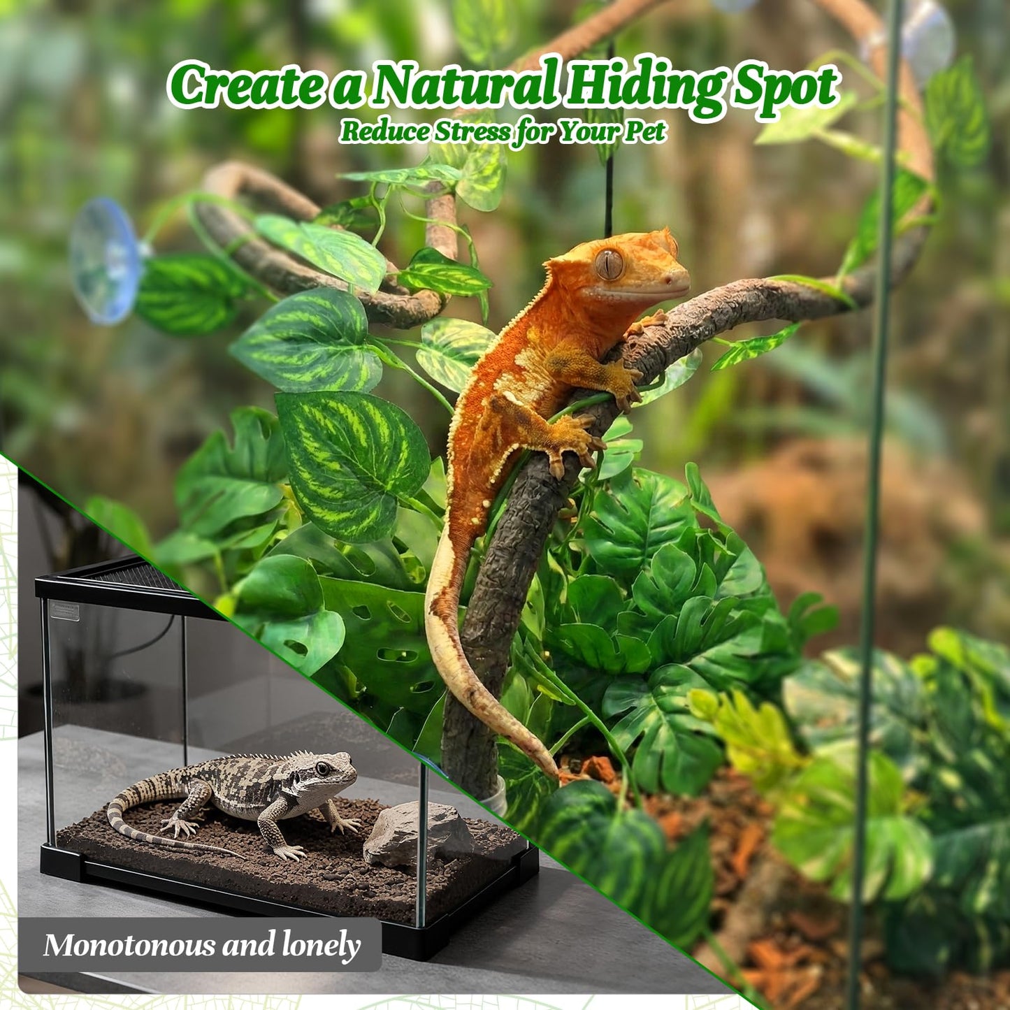5 Pcs Reptile Plants & Habitat Decor Kit - 3 Artificial Plants & Large 5ft Jungle Vine Branch, Amphibian Habitat Hideout Tank Decorations fit Crested Gecko Leopard Lizard Chameleon Ball Python Frog