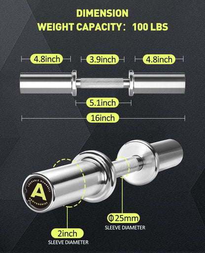AboveGenius 16" Olympic Dumbbell Handles, Solid Steel Loadable Weight Bars for 2-Inch Plates, Adjustable Home Gym Strength Training Equipment (Includes 4 Spring Collars)