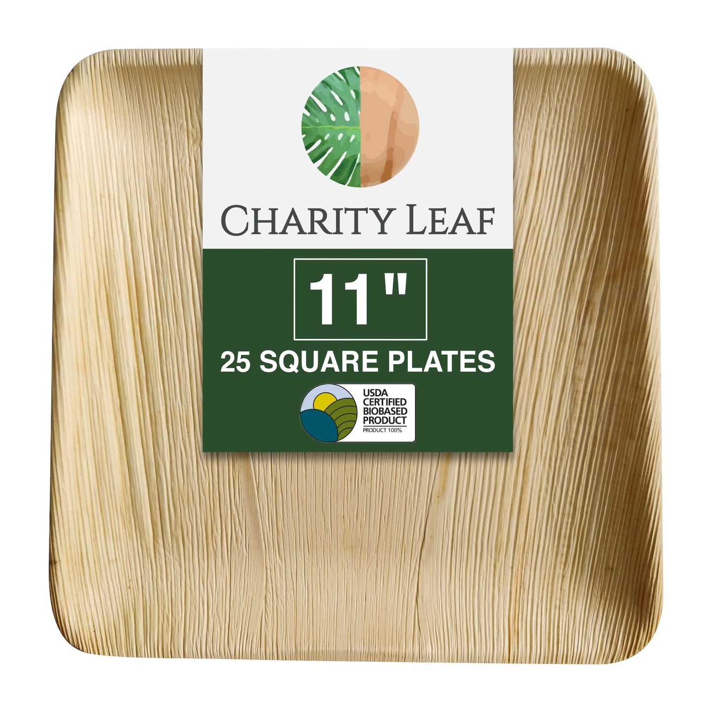 Charity Leaf Disposable Palm Leaf 11" Square Plates (25 pieces) Bamboo Like Serving Platters, Disposable Boards, Eco-Friendly Dinnerware For Weddings, Catering, Events