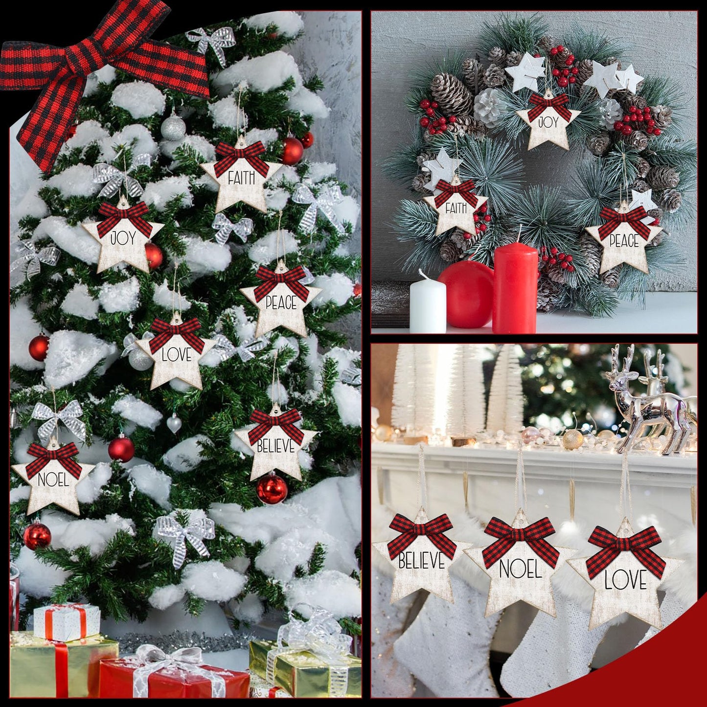 Vercraft 24 Pcs Christmas Star Ornaments Wooden Farmhouse Star Hanging Ornaments with Bows Wood Pendants for Xmas Tree Home Church Holiday Party Decoration
