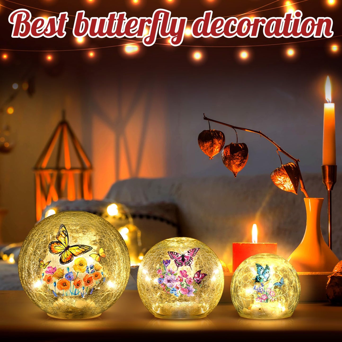 3pcs Spring Crackle Glass Ball Lights - Butterfly Ball Lamp Ornaments Indoor Globes Decorations LED Night Tabletop Decorative Sphere Lamp for Home Decor