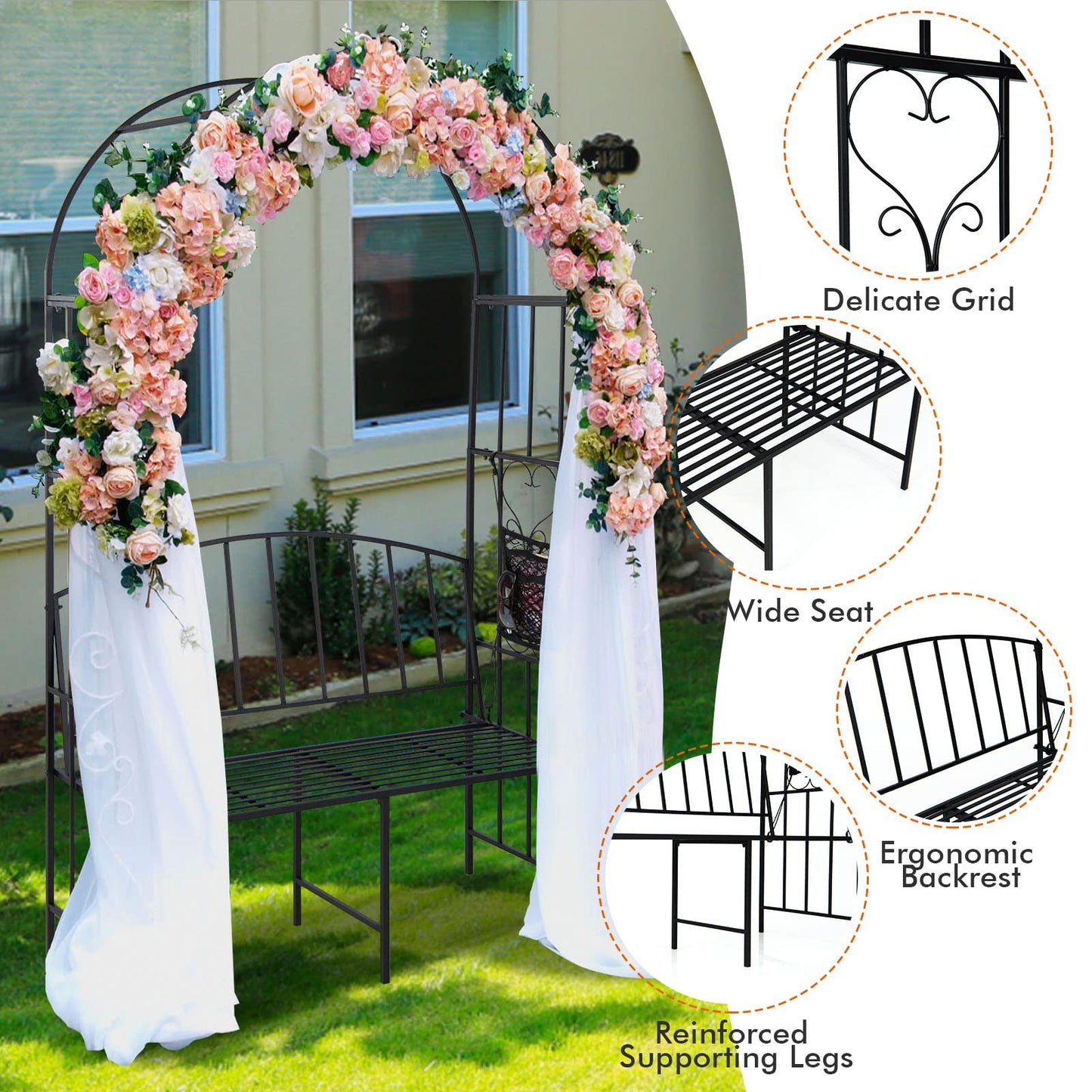 Moccha Metal Garden Arch with Bench, Outdoor Pergola Trellis Archway for Climbing Plant Roses Vines, 2-Person Garden Arbor with Seat for Backyard Weeding Party Ceremony, 81” x 45.5'' x 20'', Black