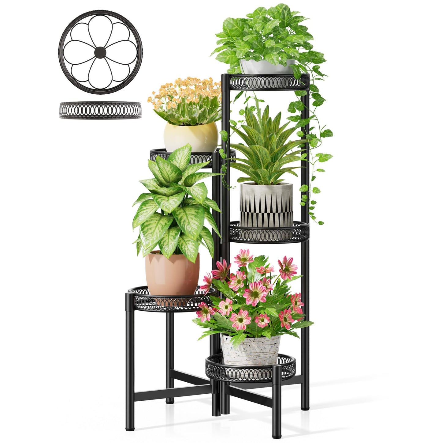 NQW Plant Stand Indoor Outdoor, 5 Tier Corner Metal Flower Display Holder Stand, Folding Tall Plant Rack for Patio Balcony Porch Garden Living Room House, Heavy Duty Wrought Iron Plant Shelf - BlackFlower