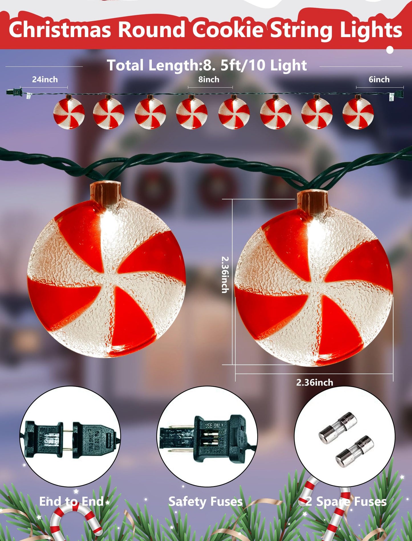 Xingzd 8.5Ft Christmas Candy Light, Christmas Decorations String Lights with 10 Red White Peppermint Bulbs, Plug in Fairy Lights for Indoor Party Kid's Room Xmas Tree Patio Bedroom Garden Decor