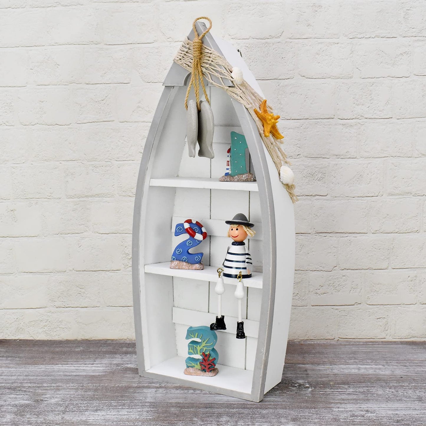 Morning View 2-Shelf Wood Boat Shelf, Nautical Decor with Fishing Net, Starfish, Seashells - Wall Mount or Tabletop Display - Beach Themed Home Decor, White, 6.7x3x16.5 Inch