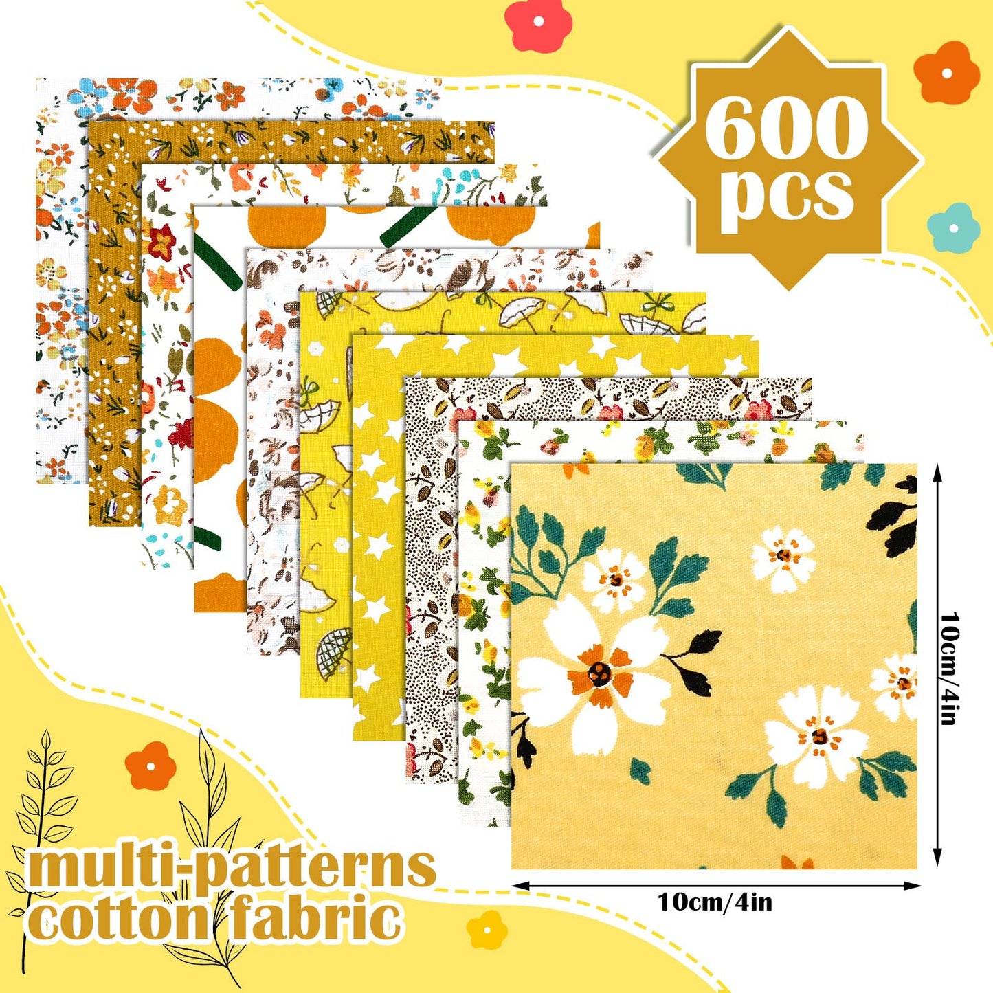Kinlop 600 Pcs 4 x 4 Inch Cotton Fabric Square Christmas Precut Quilting Patchwork Fabric Bundles Printed Floral Holiday Sewing Materials for DIY Craft Gifts Quilting Projects(Yellow)
