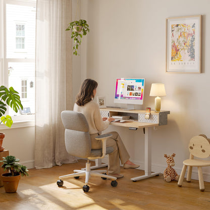 FEZIBO 48 X 24 Inch Standing Desk with Storage, Adjustable Height Sit Stand Desk with Sliding Pegboard Organizer, Felt Wall Bumper, Monitor Arm Compatible for Home Office Workstation, Maple