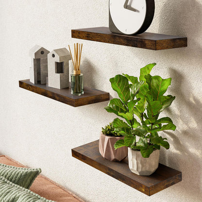 BAYKA Bathroom Floating Shelves for Wall – Bathroom Shelf Over Toilet Farmhouse Rustic Wood for Bedroom, Kitchen, or Living Room Decor – Rustic Brown, Set of 3, Sturdy Storage with 22lb Capacity
