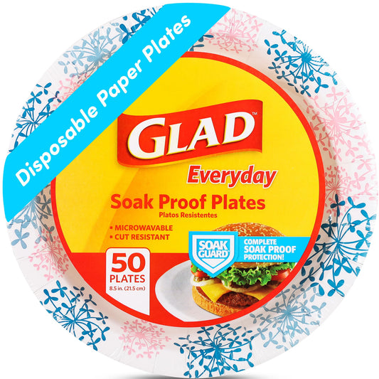 Glad Round Disposable Paper Plates for All Occasions | Soak Proof, Cut Proof, Microwaveable Heavy Duty Disposable Plates | 8.5" Diameter, 50 Count Bulk Paper Plates