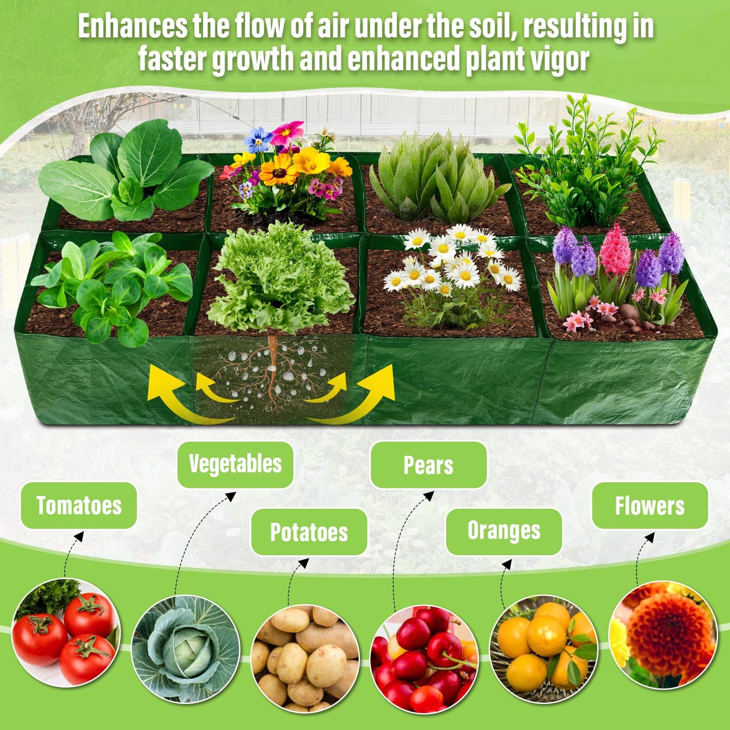 LifeisLuck Fabric Raised Garden Bed, 2 Pack 8 Grids and 4 Grids, 128 Gallon Rectangle Grow Bags with Drainage Holes, Breathable PE Planting Containers for Outdoor Vegetables Fruits Flowers