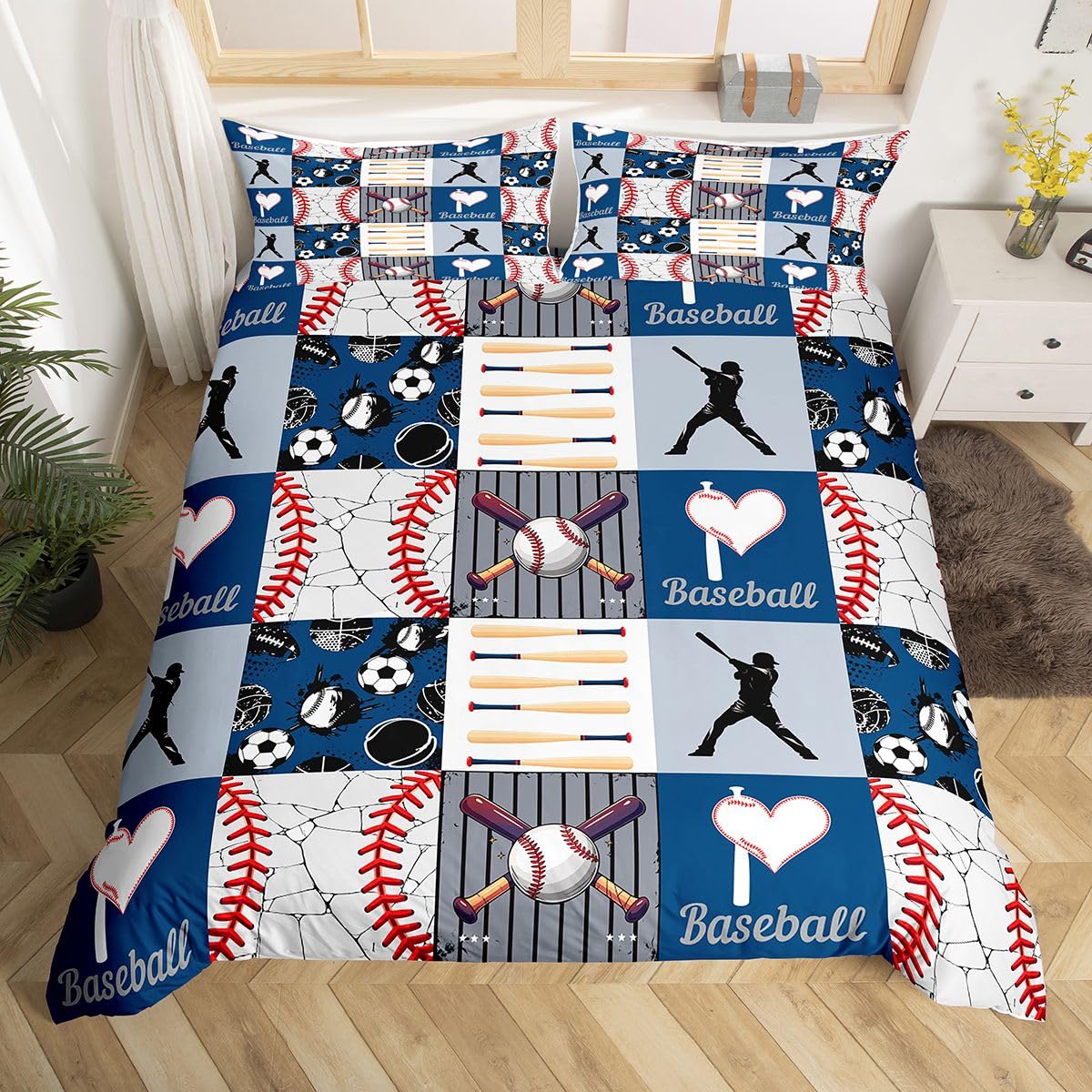 Erosebridal Baseball Bedding Set - Boys Teens Men Comforter Cover Sports Theme Duvet Cover Patchwork Pattern Bedspread Modern Sports Bedding, Full Size
