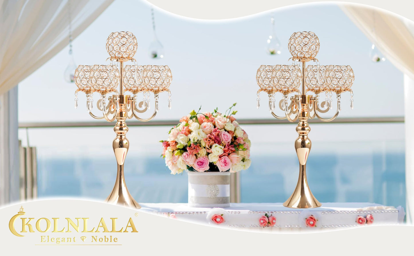 kolnlala 4Pcs 22 Inch Tall 5-Arm Gold Elegant Crystal Candelabra – Fancy Looking Candle Holder, Perfect for Your Table Centerpiece, Wedding & Christmas Dinner Party Events, Home Decor