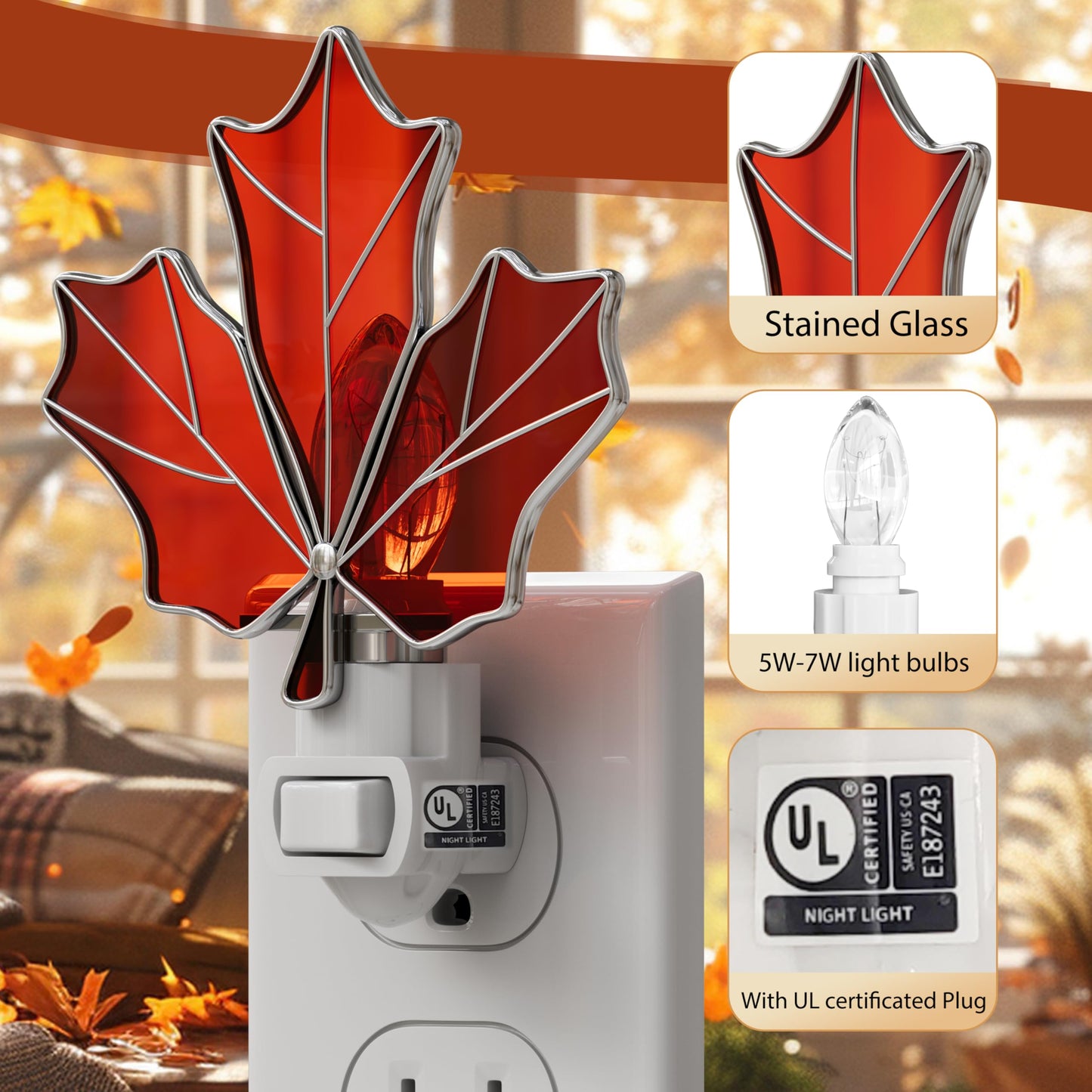KUNDGLA Stained Glass Night Lights Plug into Wall Brown Maple Leaf Plug in Night Light 7W Warm White Lamp Decorative Accent Nightlight with On Off Switch for Adult Kids Room Home Gifts for Grandkids