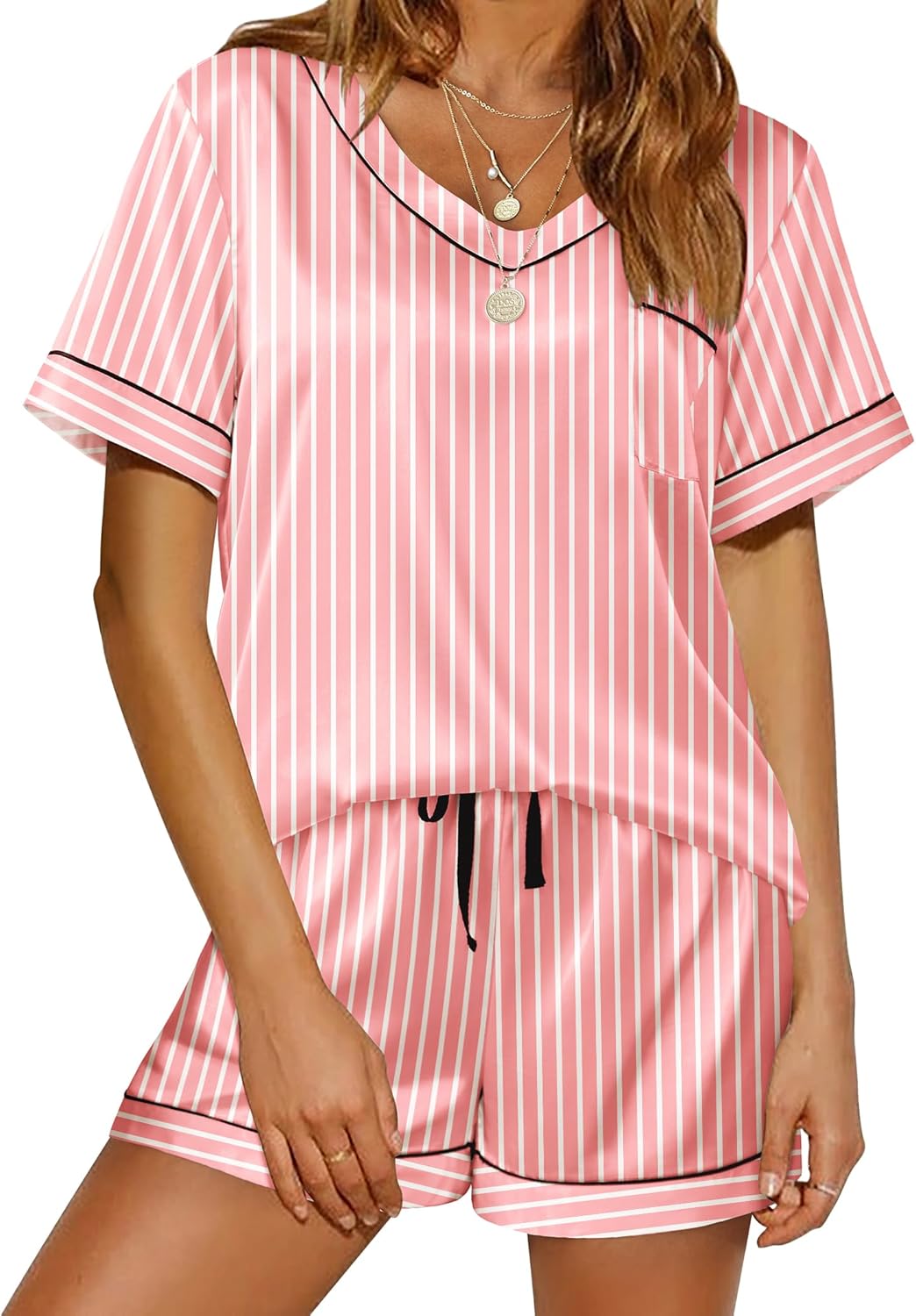 Ekouaer Silk Pajama for Women Short Sleeve Satin Pj Set Two Piece Soft Sleepwear Loungewear, S-XXL