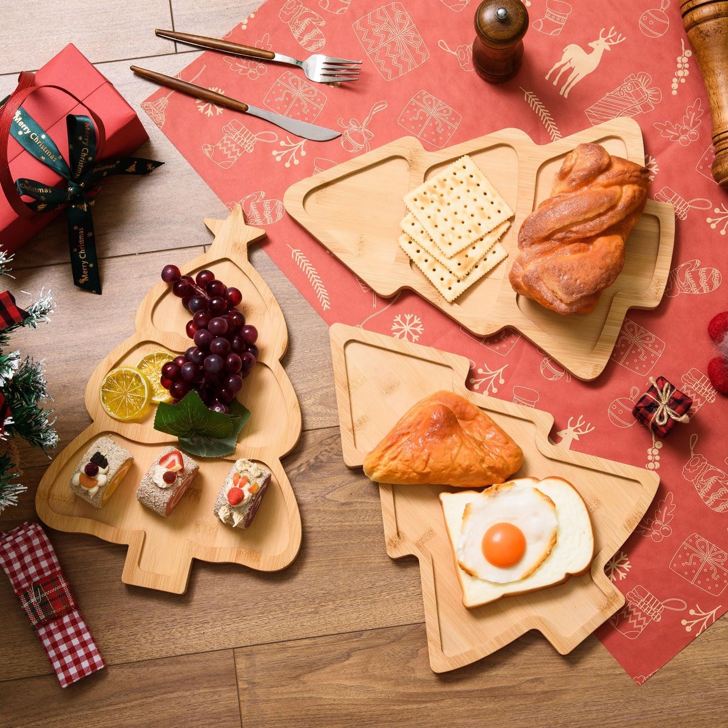 AWIZOM 3 Pcs Christmas Tree Wooden Serving Platters Christmas Bamboo Serving Trays Decorative Wood Charcuterie Boards Wooden Snacks Dish Plates for Xmas Holiday Housewarming Presents,3 Styles