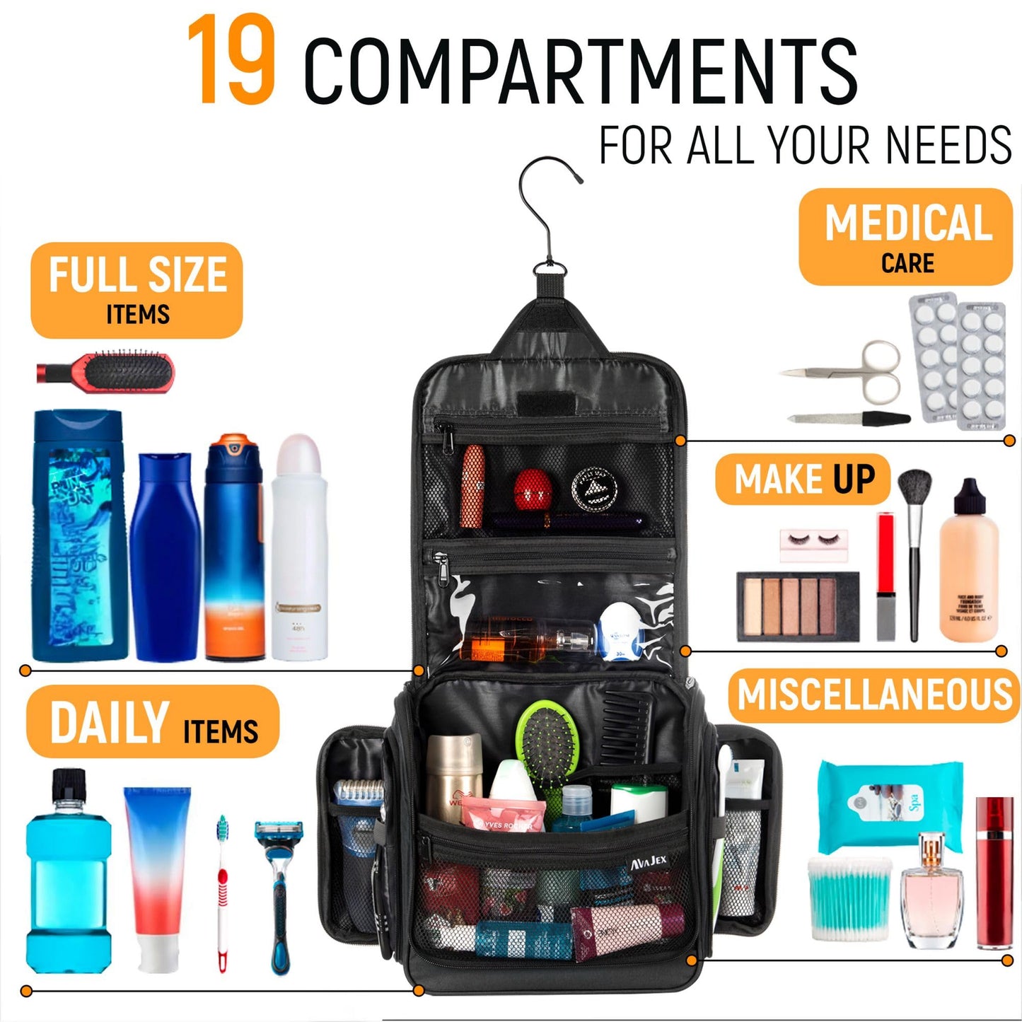 Premium Hanging Travel Toiletry Wash Bag for Men and Women - Large Toiletry Organizer - Waterproof Hygiene Bag with Metal Swivel Hook, YKK Zippers and 19 Compartments for Toiletries, Makeup, Cosmetics