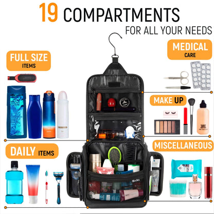 Premium Hanging Travel Toiletry Wash Bag for Men and Women - Large Toiletry Organizer - Waterproof Hygiene Bag with Metal Swivel Hook, YKK Zippers and 19 Compartments for Toiletries, Makeup, Cosmetics