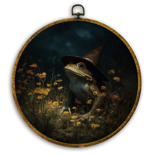 CUANFDDSF Gothic Halloween Witchy Frog Round Wall Art Decor, Dark Cottagecore Floral Frog Wall Hanging Frame Decor, Dark Academia Canvas Prints Decorations for Home Bedroom Living Room, 10x10 Inch