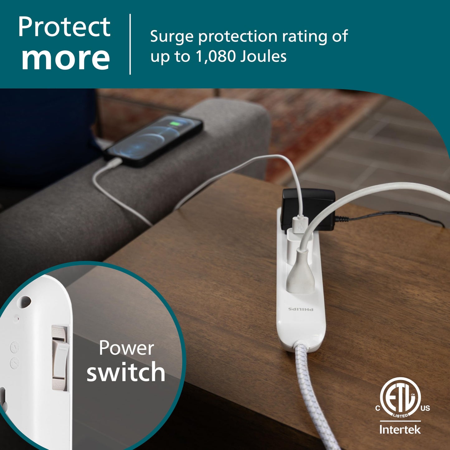 Philips 6 Outlet Power Strip Surge Protector, 6 Ft Power Cord, Designer Braided Extension Cord, Flat Plug, Perfect for Office or Home Décor, 1080 Joules, White, SPC3054WA/37