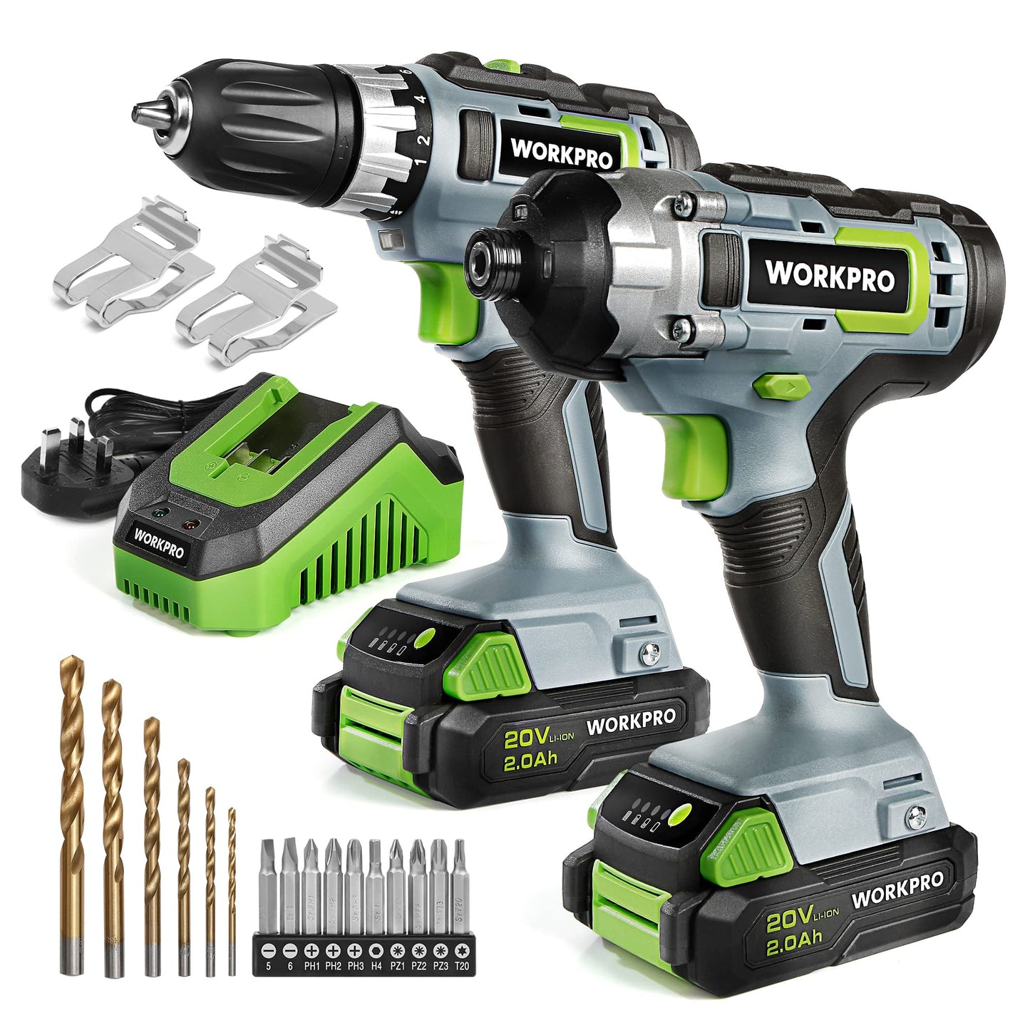 WORKPRO 20V Cordless Compact Drill Driver and Impact Driver, Combi Drill Including 2 x 2.0 Ah Li-ion Batteries, 1 Hour Fast Charger, 6 PCS Twist Drill Bits 10PC Screwdriver Bits