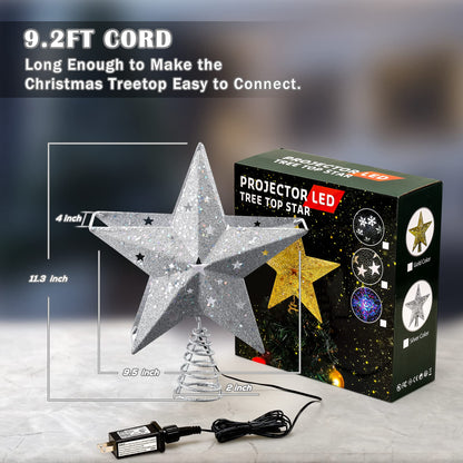 IPOW LED Snowflake Projector Star Christmas Tree Topper, 11.3 Inch Silver Glittered Star Treetop Lighted Rotating Snow Flake for Christmas New Year Holiday Decoration, Night Light Projector for Kids