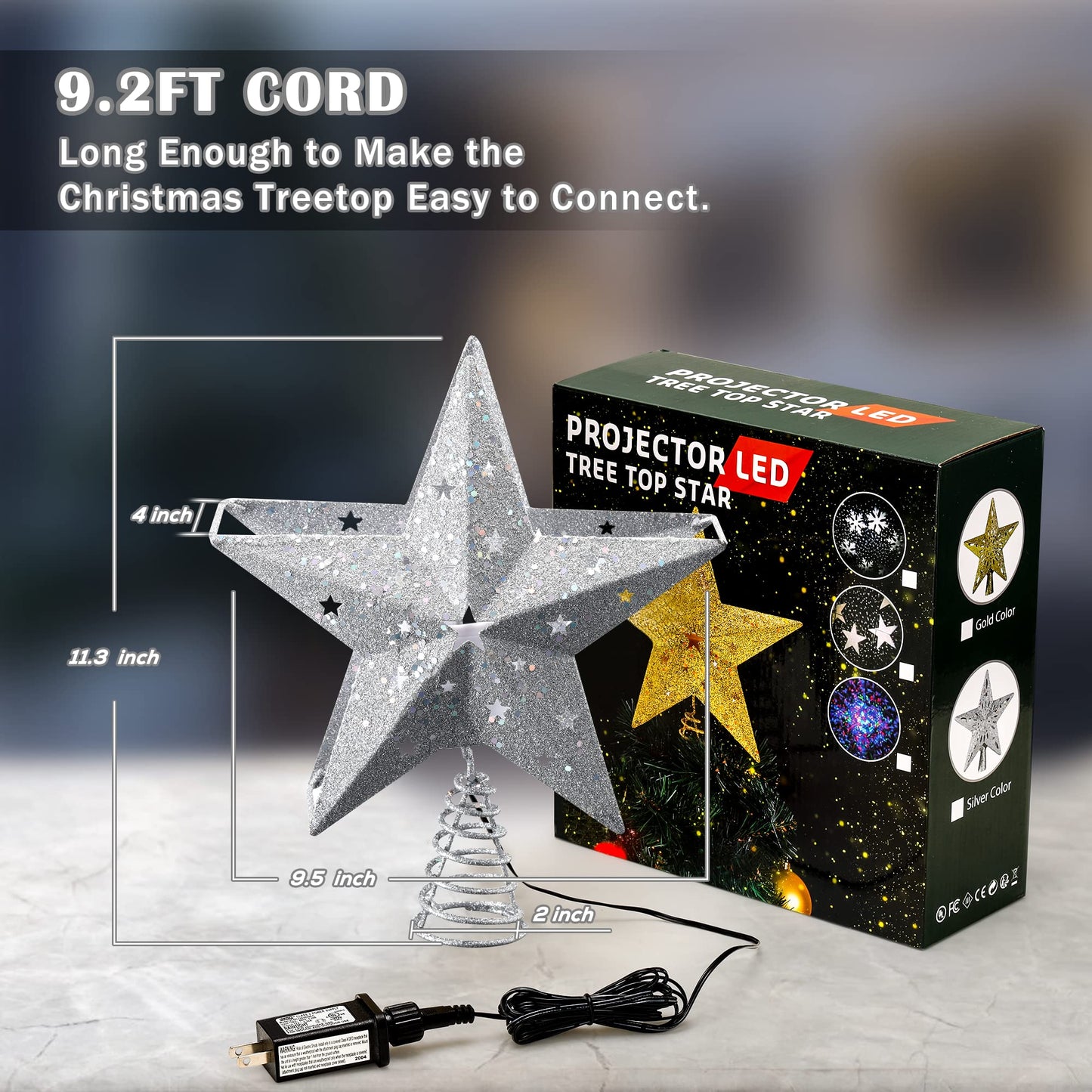 IPOW LED Snowflake Projector Star Christmas Tree Topper, 11.3 Inch Silver Glittered Star Treetop Lighted Rotating Snow Flake for Christmas New Year Holiday Decoration, Night Light Projector for Kids