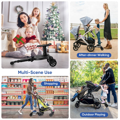 BugyKido Universal Buggy Board with Seat, Kiddy Board with Pram Organiser Bag, Pram Standing Board Compatible with Over 99% of Pushchairs, for Children from 2-6 Years, Load 25 KG(Black)