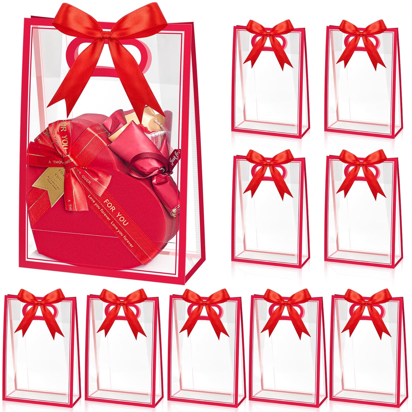 Ohuimrt Clear Plastic Gift Bags with Handles, 12 Pack, Red