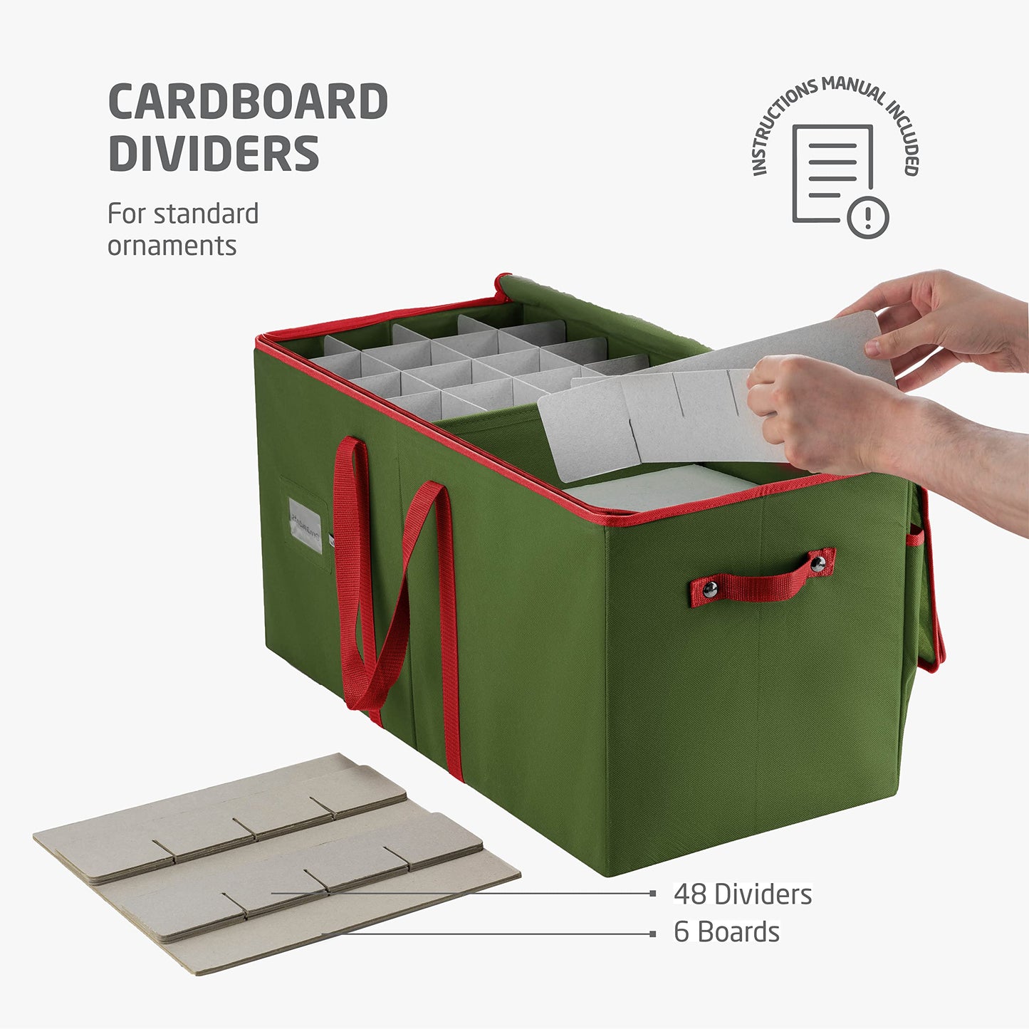 ZOBER Large Christmas Ornament Storage Box - Stores 128 3" Ornaments, With Dividers - Ornament Organizer Storage Box, Durable Christmas Containers Holder - Extra Pockets, Dual Zipper - Green