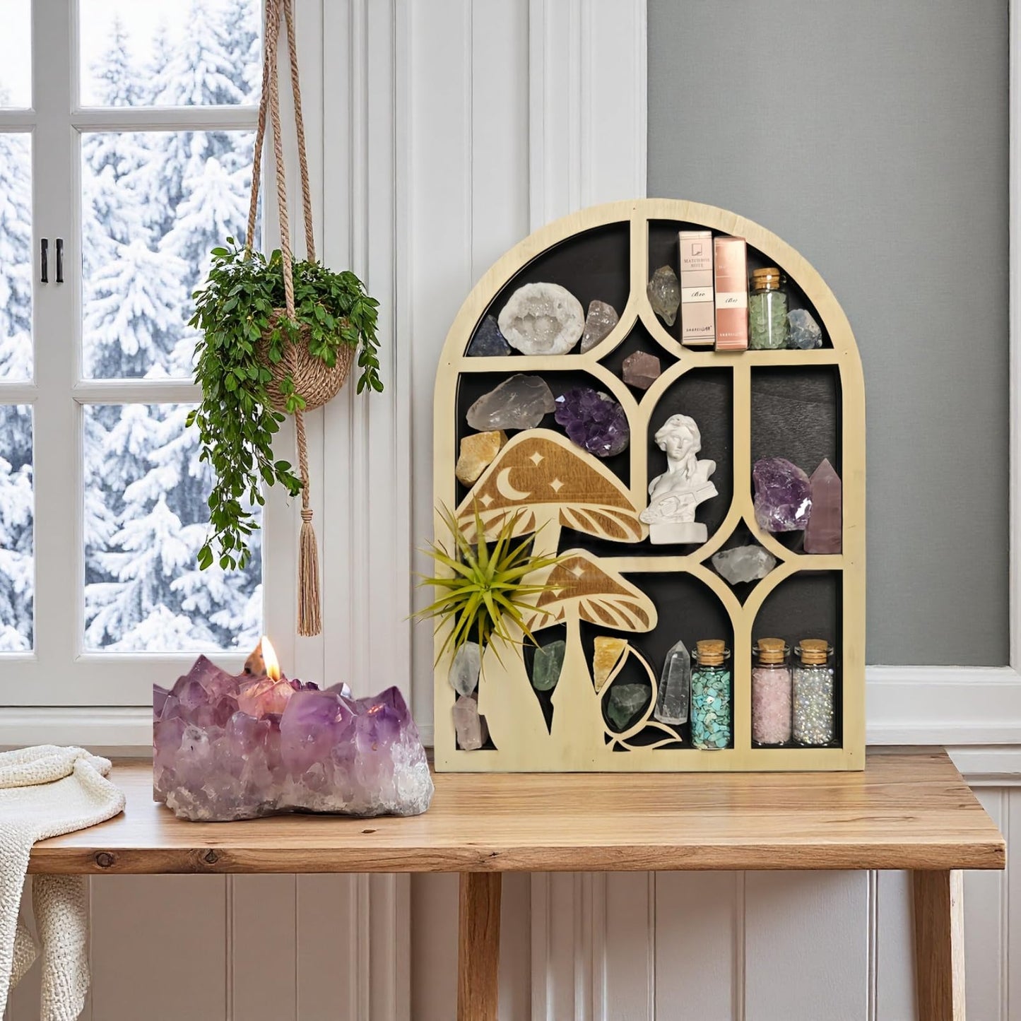 Cute Wooden Mushroom Wall Decoration Accessory Display Stand, Suitable for Crystals, Stones, Gemstones, Healing Stones, Rare Treasures, Interesting Room Wall Decoration (Archway Crystal Stand)