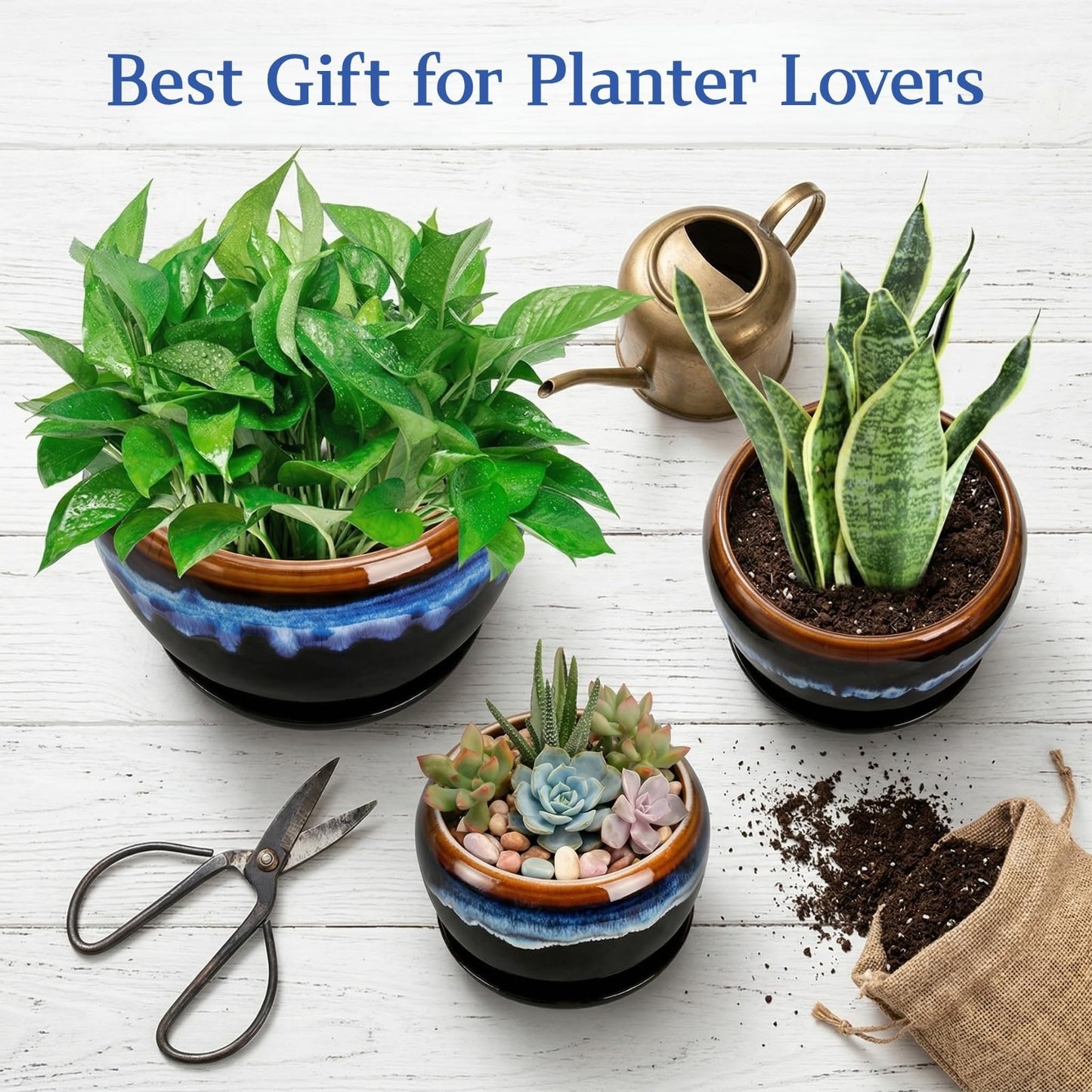 AVLA 3 Pack Ceramic Flower Pots, Gardening Drip Glazed Planter, Plant Pot with Drainage Hole and Saucer, 7/5/4 Inch Rustic Houseplant Container for Succulent Herbs Cactus Orchid, Home Indoor Outdoor