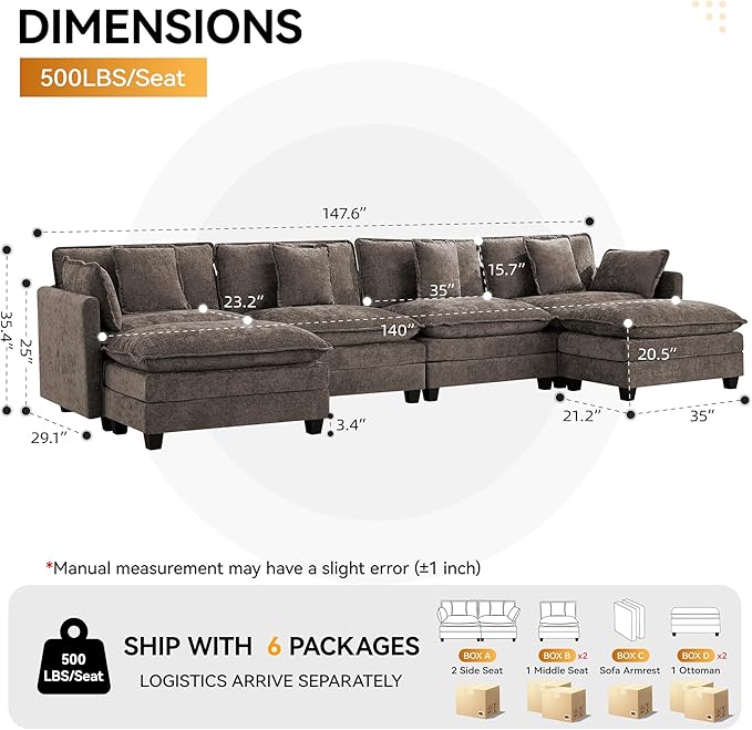 147'' Sectional Cloud Deep Seat Couch, Oversized Chenille U Shaped Sectional