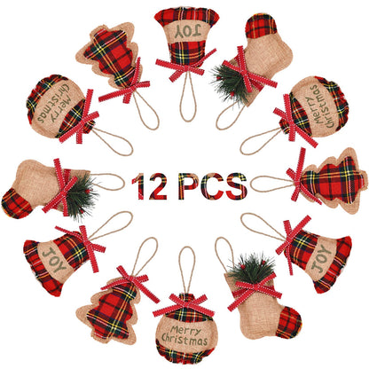 Jetec 20 Pieces Buffalo Plaid Christmas Ornaments Rustic Tartan Burlap Farmhouse Christmas Tree Decors Red Black Buffalo Xmas Tree Ball Plaid Stocking Bell Shaped Hanging Ornaments for Xmas Party